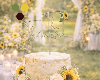 Adorno personalizado para pastel de girasol, adorno personalizado para pastel de boda con nombre, decoración rústica para pastel de girasol, letrero para pastel de fiesta de cumpleaños o boda de verano