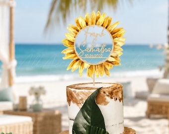 Adorno personalizado para pastel de girasol, adorno para pastel de boda, adorno para pastel con nombre personalizado, regalo de cumpleaños de 16, 30, 40, 50, 60, 70, 80 y 90 años, regalo de verano para exteriores