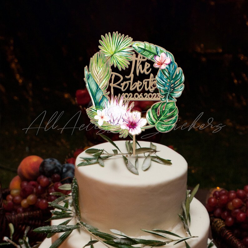 Tropical Wedding Cake Topper, Macrame Leaf Cake Topper, Custom Last Name Cake Sign, Boho Cake Topper, Themed Beach Wedding Decor image 3