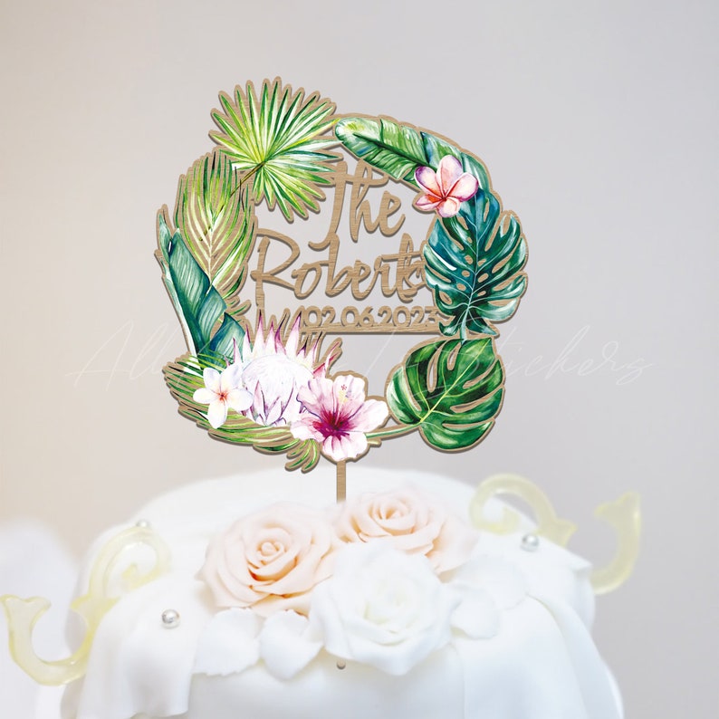 Tropical Wedding Cake Topper, Macrame Leaf Cake Topper, Custom Last Name Cake Sign, Boho Cake Topper, Themed Beach Wedding Decor image 2