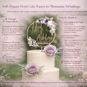 Adorno de pastel de bodas de lavanda personalizado, letrero para pastel con nombres y fecha personalizados, decoración para bodas de primavera y verano, recuerdo floral romántico.