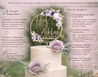 Personalized Lavender Wedding Cake Topper, Custom Names & Date Cake Sign, Spring Summer Wedding Decor, Romantic Floral Keepsake