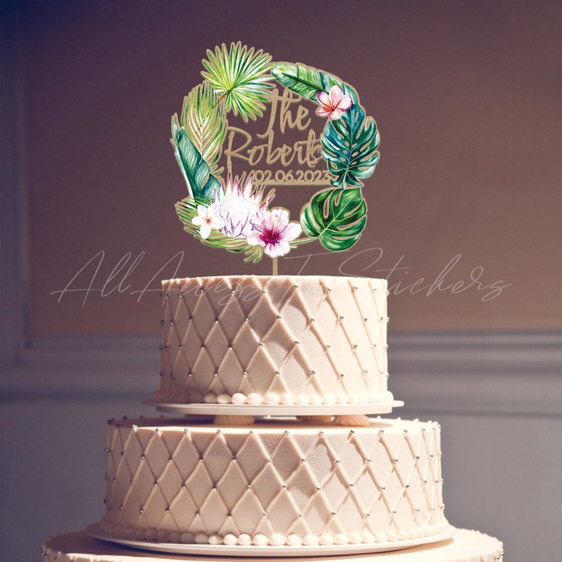 Tropical Wedding Cake Topper, Macrame Leaf Cake Topper, Custom Last Name Cake Sign, Boho Cake Topper, Themed Beach Wedding Decor image 5