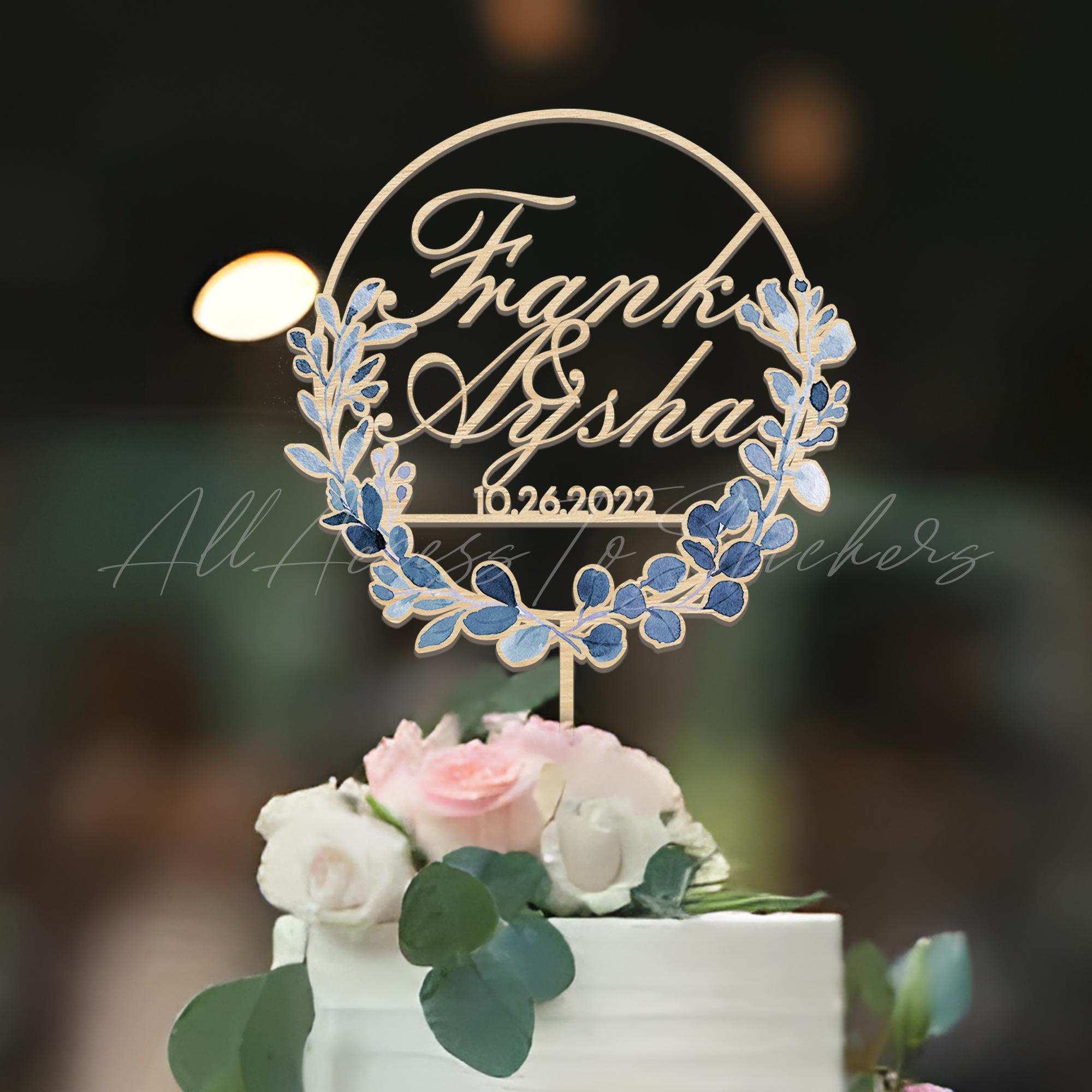 Blue Floral Wedding Cake Topper, Personalized Name & Date Cake Topper ...