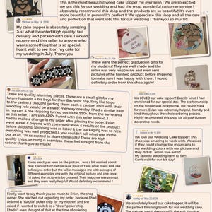 May include: A promotional graphic titled BUILT BY TWO. TRUSTED BY THOUSANDS. The Kind Words That Keep Us Going, featuring multiple customer reviews, photographs of custom wood cake toppers, poker chips, and a water bottle with five-star ratings.