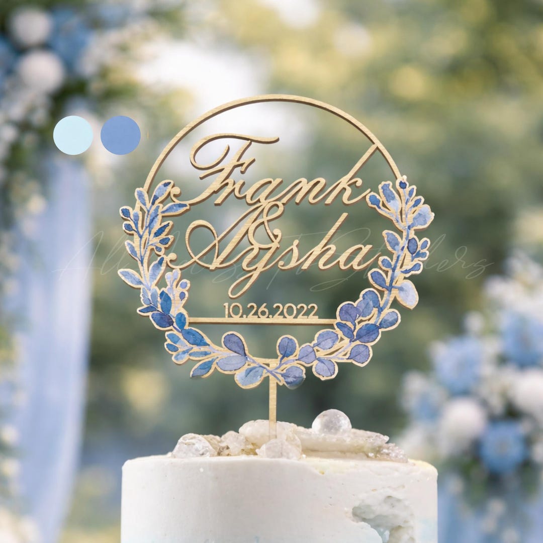 Blue Floral Wedding Cake Topper, Personalized Name & Date Cake Topper ...