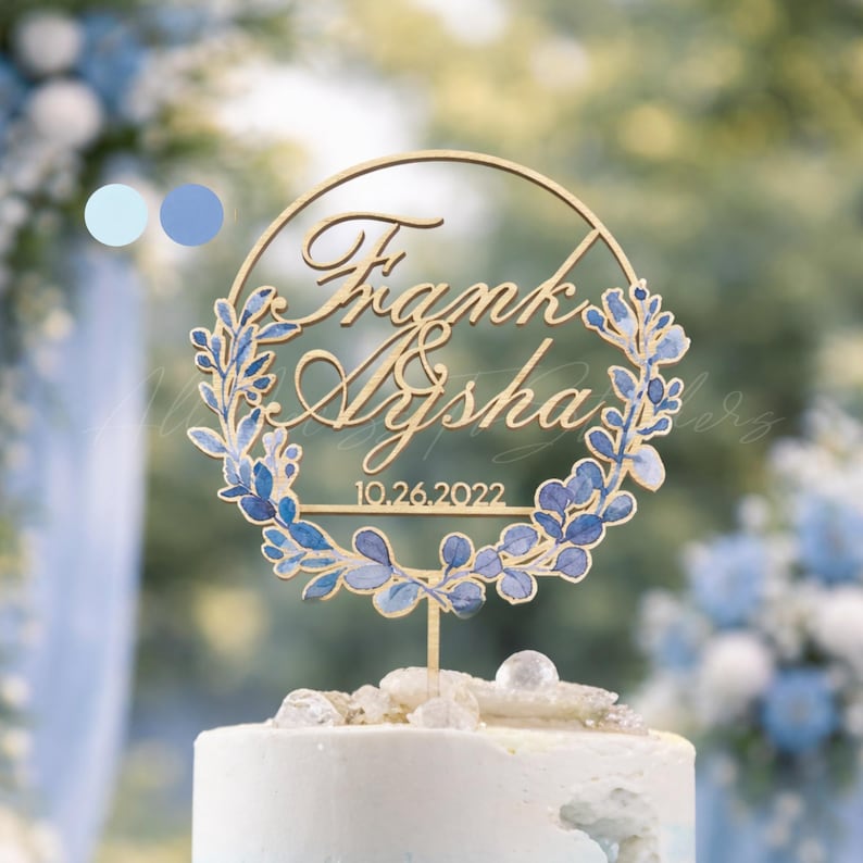 Blue Floral Wedding Cake Topper, Personalized Name & Date Cake Topper ...