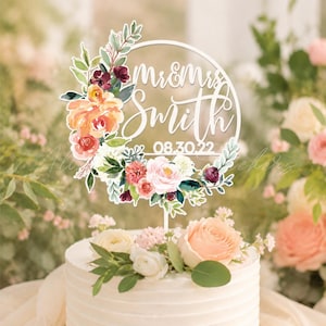 Personalized Wedding Cake Topper, Floral Name Cake Topper, Romantic Garden Wedding Decor, Custom Mr & Mrs Topper, Birthday Cake Topper