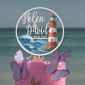 Personalized Lighthouse Wedding Cake Topper: Coastal Beach Decor
