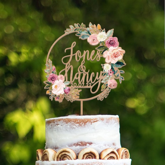 Personalized Watercolor Mr and Mrs Topper, Couple Name Plaque, Natural Design Topper, Bohemian Wedding Decoration, Anniversary Cake Topper