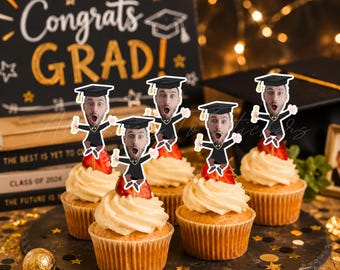 Custom Face Graduation Cupcake Toppers, Funny Grad Party Decor, Personalized Photo Cupcake Picks, College Graduation Dessert Decor