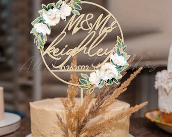 Garden Wedding Cake Topper, Floral Cake Topper, Personalized Last Name Cake Topper, 25th Anniversary GIFT, Engagement Cake Topper