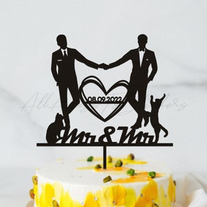 Gay Wedding Silhouette Cake Topper with Pet, LGBT Wedding Cake Sign, Same Sex Wedding Gift, Pride Cake Topper