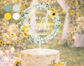 Adorno para pastel de boda con girasoles, adorno floral personalizado para pastel de cumpleaños, regalo rústico de boda de otoño, adorno para pastel de graduación, bautizo o jubilación.