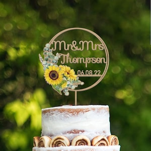 Sunflower Wedding Cake Topper, Mr and Mrs Engagement Cake Topper, 1st Anniversary Cake Decor, Custom Last Name Sign