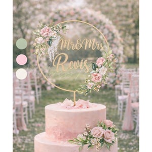 Blush Pink Romantic Cake Topper, Personalized Floral Wedding Cake Topper, Custom Names & Date Cake Sign, Bridal Shower Gift