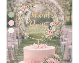 Blush Pink Romantic Cake Topper, Personalized Floral Wedding Cake Topper, Custom Names & Date Cake Sign, Bridal Shower Gift