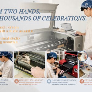 May include: A collage showing a studio workspace with a laser cutter, a person wearing a blue headscarf operating machinery, and close-ups of crafting processes. Text reads: FROM TWO HANDS, TO THOUSANDS OF CELEBRATIONS. She had a dream. We built a studio.