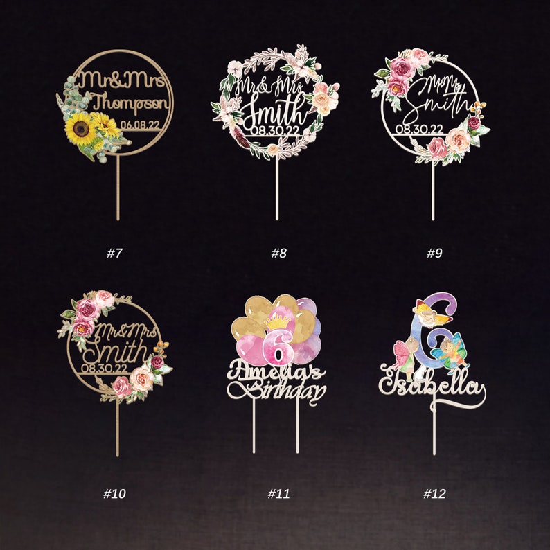 Puede incluir: Seis adornos para pasteles con varios dise&ntilde;os: cuatro marcos circulares con detalles florales y nombres como Thompson y Smith, uno con globos y el n&uacute;mero 6 para Amelia, y otro con un n&uacute;mero 6 grande y hadas para Isabella.