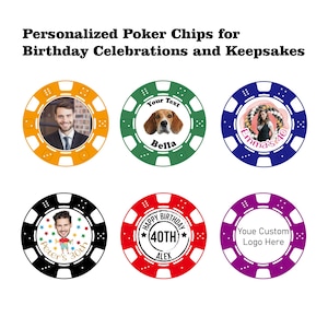 パーソナライズされた誕生日ポーカーチップ、パーティーゲームと記念品、ポーカープレイヤーのクリスマスギフト、誕生日ゲームアクセサリー、写真付きカジノチップ