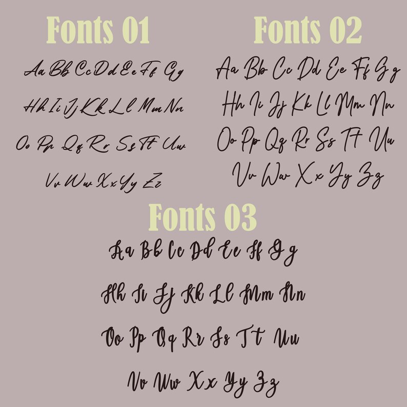 May include: A digital graphic showcasing three different cursive font styles. The fonts are displayed in uppercase and lowercase letters, with the headings "Fonts 01", "Fonts 02", and "Fonts 03" in a light yellow color. The background is a muted purple.