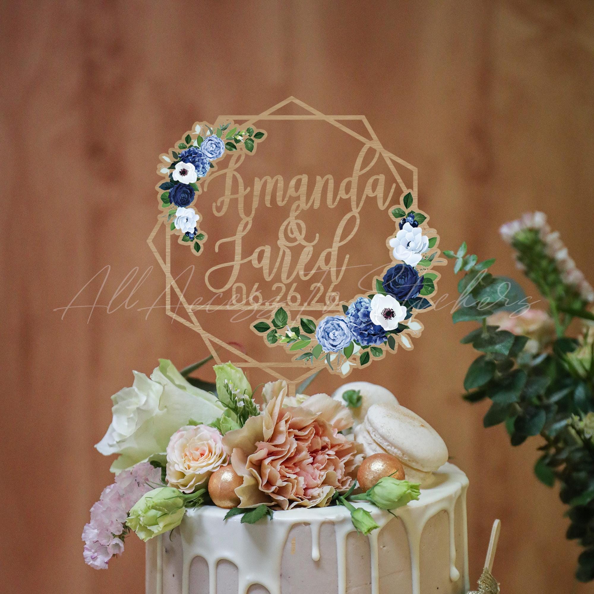 Personalized Blue Floral Wedding Cake Topper, Custom Name Wooden Cake ...