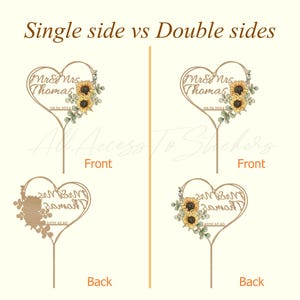 May include: A heart-shaped cake topper featuring the text Mr & Mrs Thomas and the date 06.26.2026, decorated with two sunflowers and eucalyptus leaves. The image compares single-sided and double-sided versions, showing front and back views.