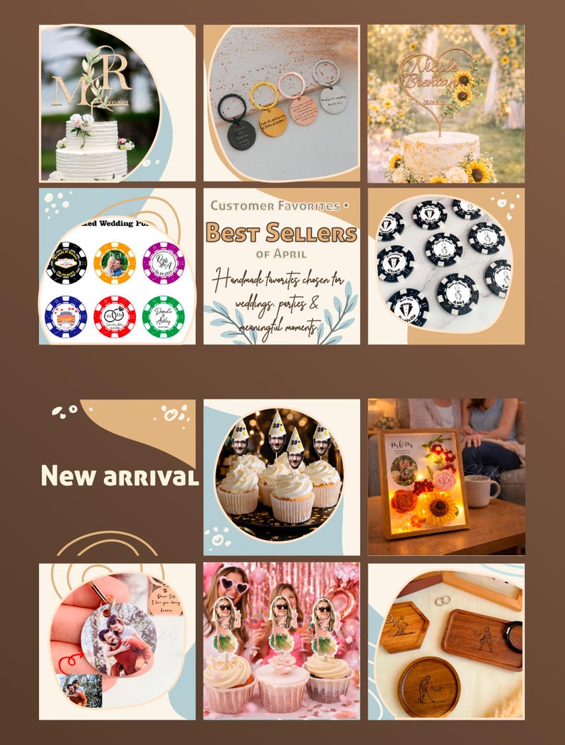 May include: A collage of images featuring wedding and party favors. Includes a cake with a "Mr & Mrs" topper, personalized keychains, cupcake toppers, and poker chip favors. Text includes "Best Sellers of April".