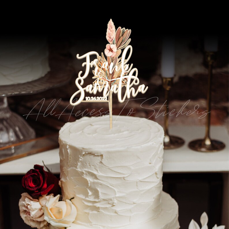 Boho Wedding Cake Topper With Bouquet Wedding Couple Name Etsy