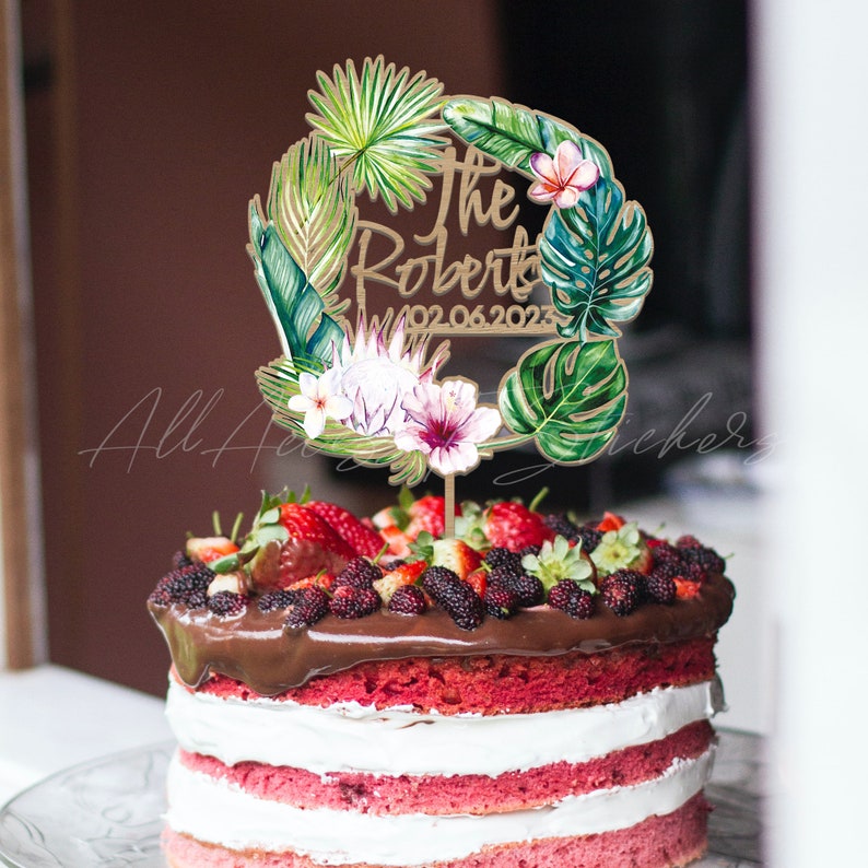 Tropical Wedding Cake Topper, Macrame Leaf Cake Topper, Custom Last Name Cake Sign, Boho Cake Topper, Themed Beach Wedding Decor image 7