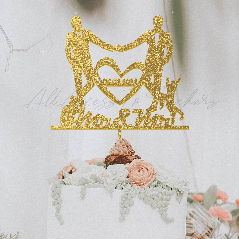 Silhouette Wedding Cake Topper ~ Bride and Groom with a Cat ~ Detailed
