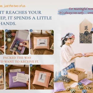 May include: A collage showing the packaging process for small items. Two people wear headscarves while packing boxes and bubble mailers. Text includes: Not a warehouse, just the two of us. Before it reaches your doorstep, it spends a little in our hands.