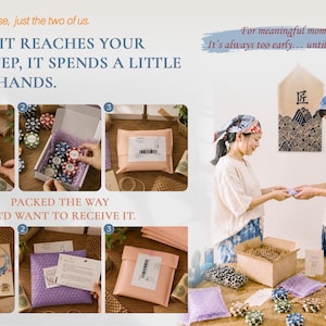 May include: A multi-panel infographic showing the packaging process for small items. It features two people wearing headscarves, cardboard boxes, bubble mailers, shipping labels, and decorative paper. Text includes: Not a warehouse, just the two of us.
