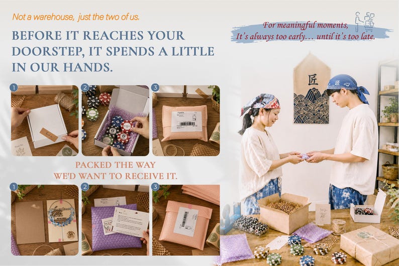 May include: A multi-panel infographic showing the packaging process for small items. It features two people wearing headscarves, cardboard boxes, bubble mailers, shipping labels, and decorative paper. Text includes: Not a warehouse, just the two of us.