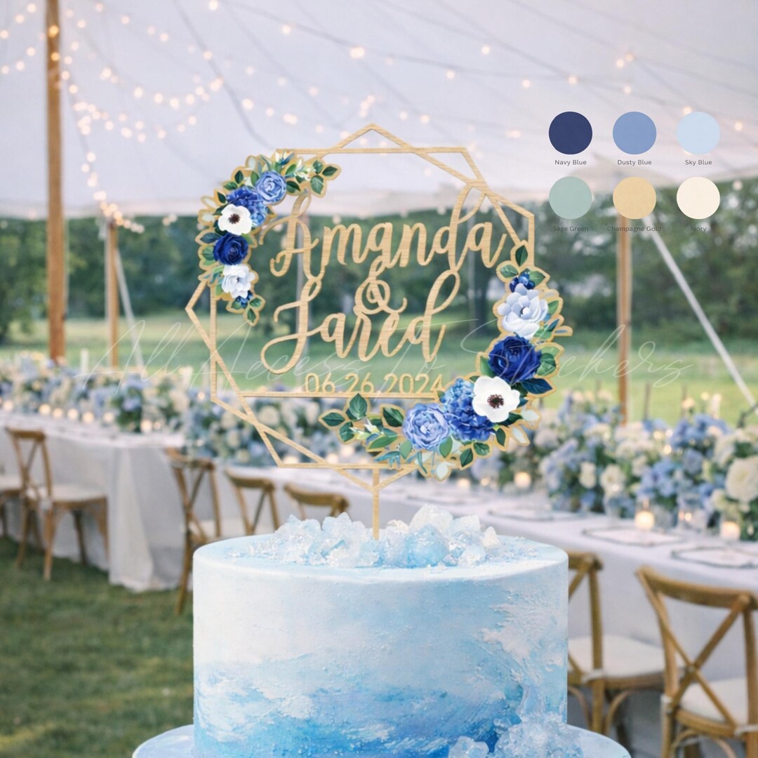 Personalized Blue Floral Wedding Cake Topper, Custom Name Wooden Cake ...