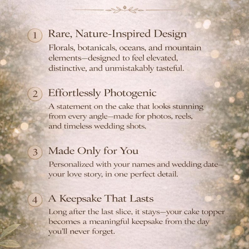 May include: A beige informational graphic featuring four numbered points about a custom cake topper. The text lists: 1. Rare, Nature-Inspired Design, 2. Effortlessly Photogenic, 3. Made Only for You, and 4. A Keepsake That Lasts, with descriptive text below each.