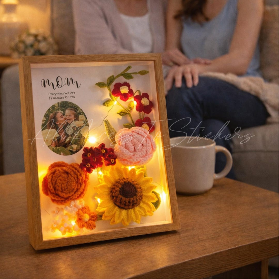 Personalized Sunflower Crochet Frame With LED Light, Custom Photo