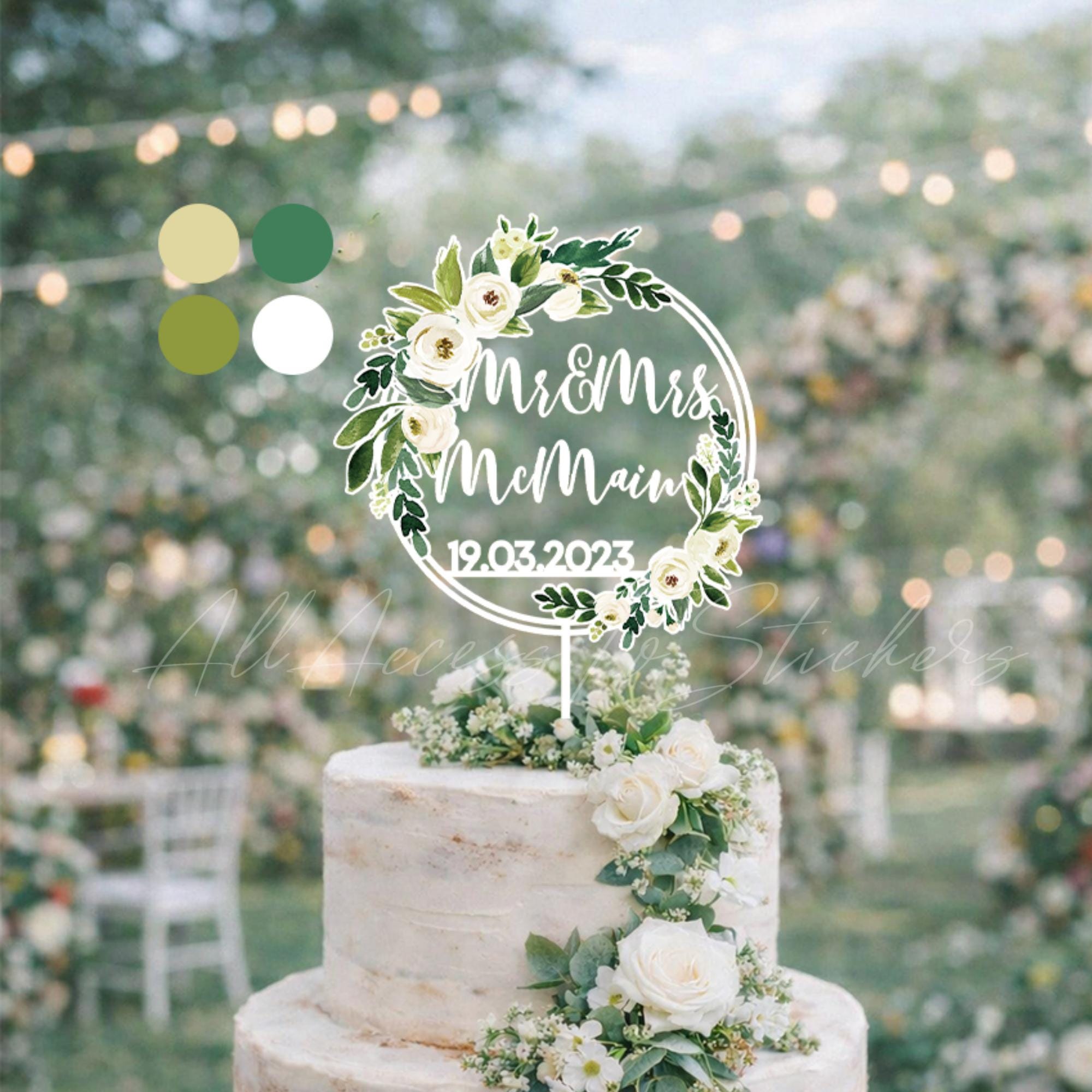 Toppers Gâteau Mariage en Bois Mr&Mrs avec Feuillage Vert, Décoration de Pâtisserie Raffinée