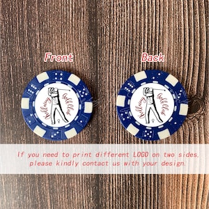 May include: Two round blue and white poker chips featuring a graphic of a golfer and the text "Holloway Golf Club". The chips are labeled "Front" and "Back". Text at the bottom states: "If you need to print different LOGO on two sides, please kindly contact us with your design."