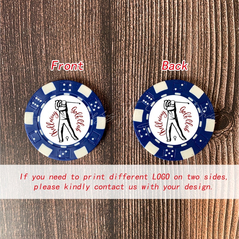 May include: Two round blue and white poker chips featuring a graphic of a golfer and the text "Holloway Golf Club". The chips are labeled "Front" and "Back". Text at the bottom states: "If you need to print different LOGO on two sides, please kindly contact us with your design."