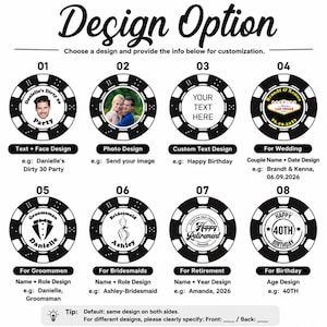 May include: A graphic display titled Design Option showing eight circular black and white poker chip templates numbered 01 through 08. Each chip features customizable text, photos, or illustrations for events like weddings, birthdays, and retirement parties.