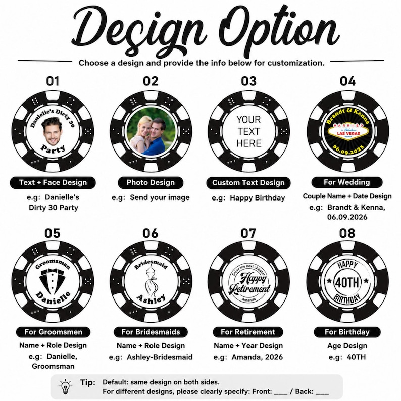May include: A graphic display titled Design Option showing eight circular black and white poker chip templates numbered 01 through 08. Each chip features customizable text, photos, or illustrations for events like weddings, birthdays, and retirement parties.