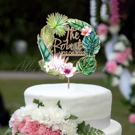 Tropical Wedding Cake Topper, Macrame Leaf Cake Topper, Custom Last Name Cake Sign, Boho Cake Topper, Themed Beach Wedding Decor