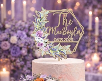 Lavender Wedding Cake Topper, Personalized Purple Floral Cake Topper, Custom Cake Topper for Wedding Birthday Baptism Graduation
