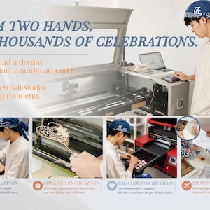 Puede incluir: Un collage que muestra un espacio de trabajo con una cortadora l&aacute;ser, una persona con un pa&ntilde;uelo azul operando maquinaria y primeros planos de procesos artesanales. El texto dice: FROM TWO HANDS, TO THOUSANDS OF CELEBRATIONS. She had a dream.