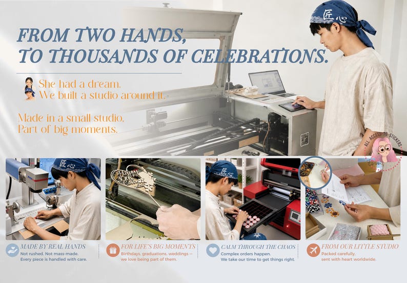 May include: A collage showing a laser engraving machine, a person wearing a blue headscarf operating equipment, and the production of small circular items. Text reads: FROM TWO HANDS, TO THOUSANDS OF CELEBRATIONS. She had a dream. We built a studio.