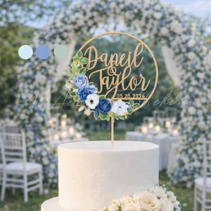 Personalized Wedding Cake Topper: Wooden Floral Wreath, Custom Name ...