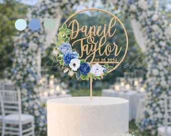 Personalized Wedding Cake Topper: Wooden Floral Wreath, Custom Name Sign, Dusty Blue Home Decor