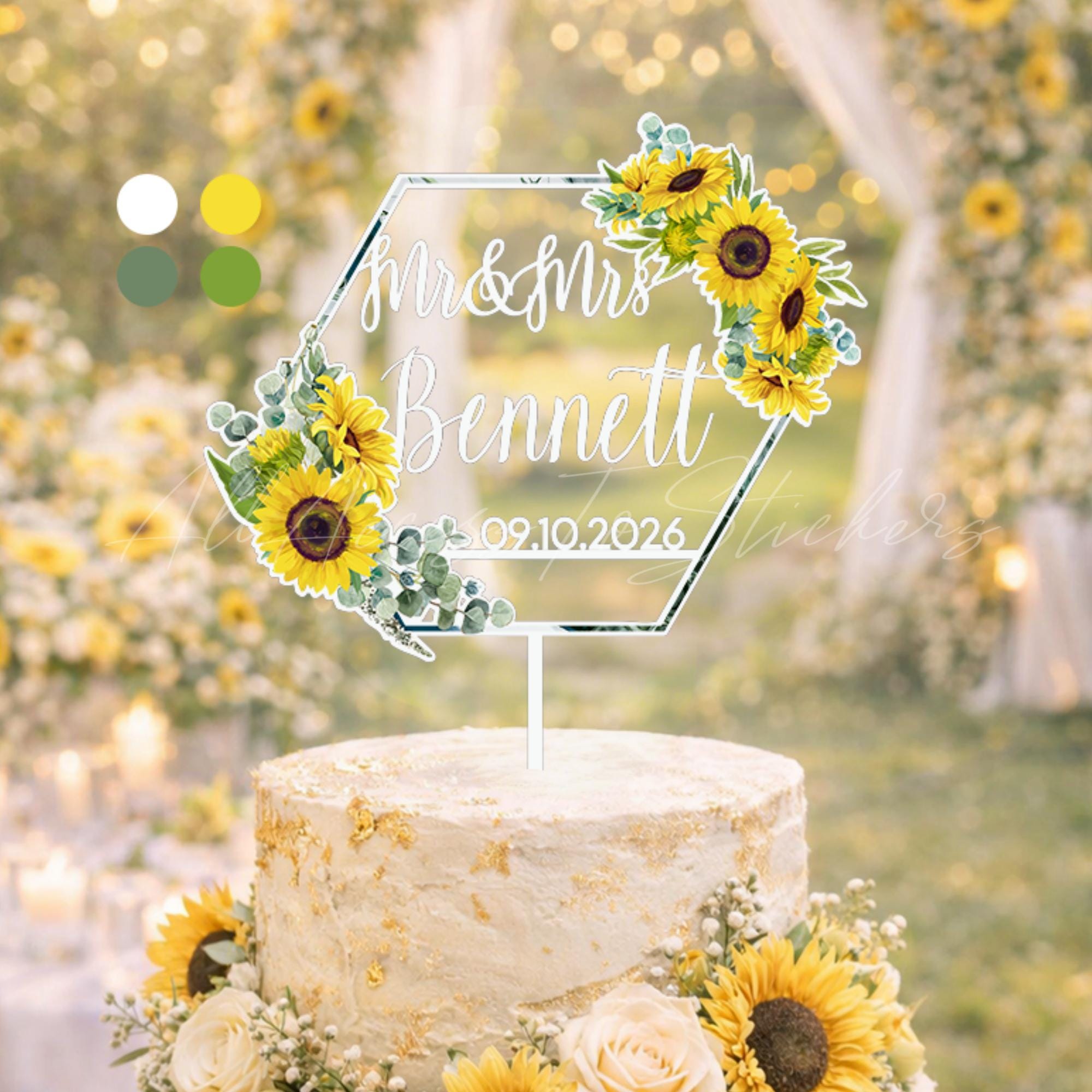ドンキー Sunflower Wedding Cake Topper, Personalized Mr & Mrs Cake Topper