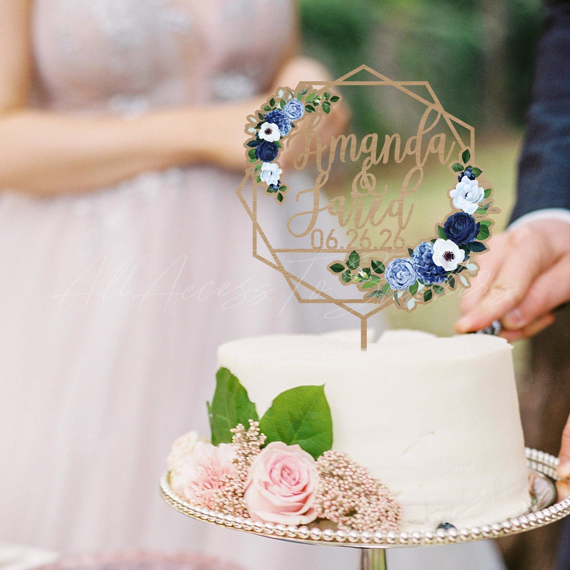 Personalized Blue Floral Wedding Cake Topper, Custom Name Wooden Cake ...